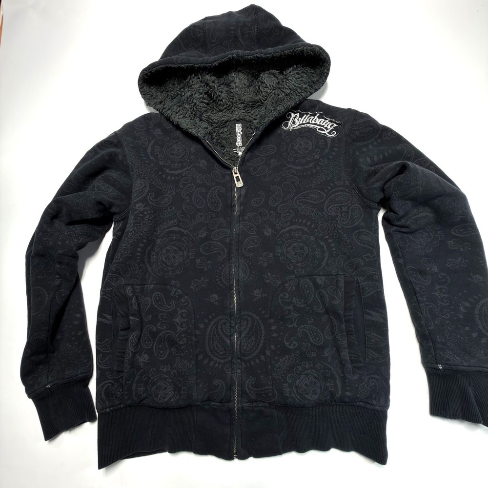 Billabong Sherpa Lined Zip Hoodie‎ Womens Small Black Paisley Skull Y2K Warm